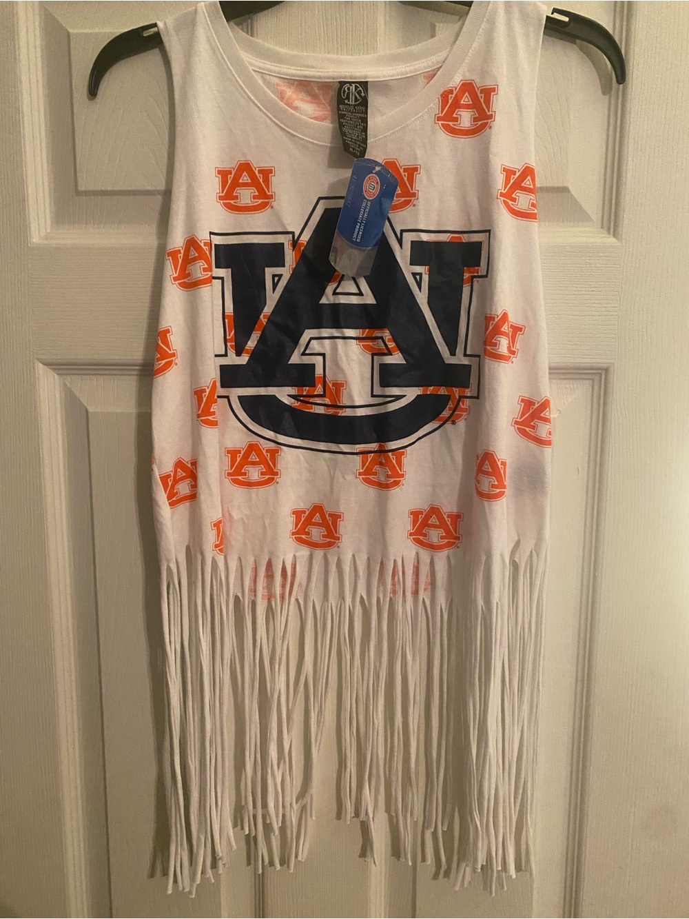 Recycled Karma White Auburn Fringe Tank Top with Navy & Orange Logo